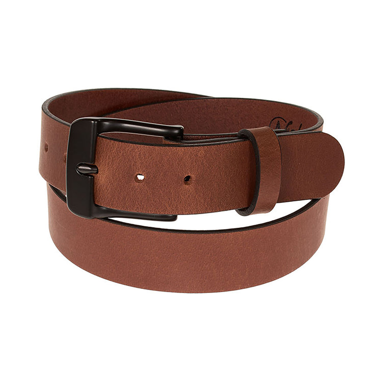 Brown leather belt with a black buckle on a white background