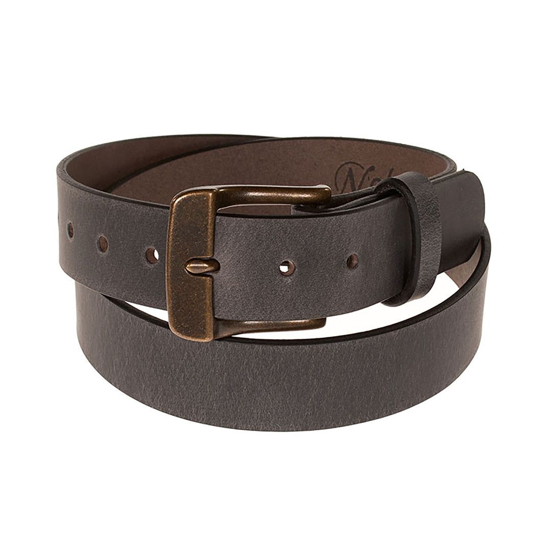 Brown leather belt with a bronze buckle on a white background