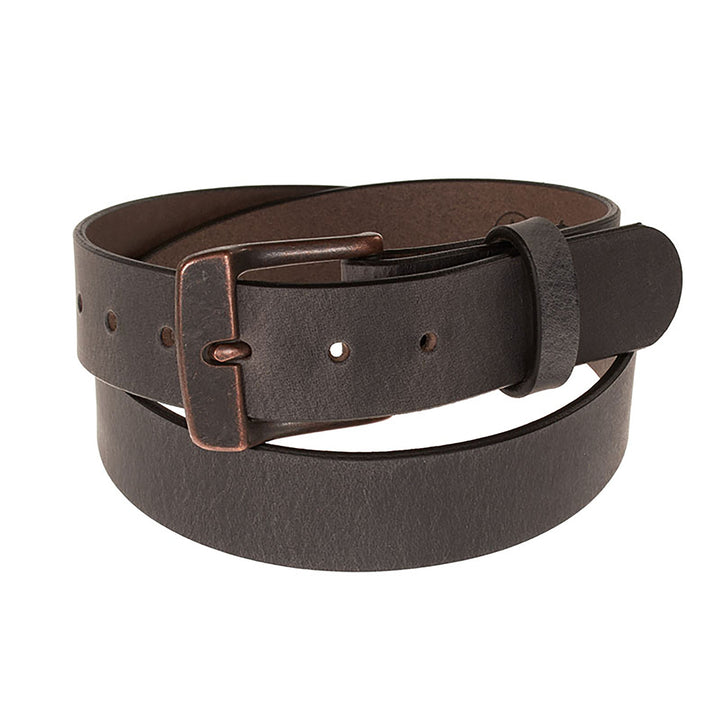 Brown leather belt with a buckle on a white background