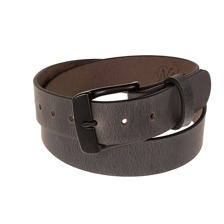 Brown leather belt with a black buckle on a white background