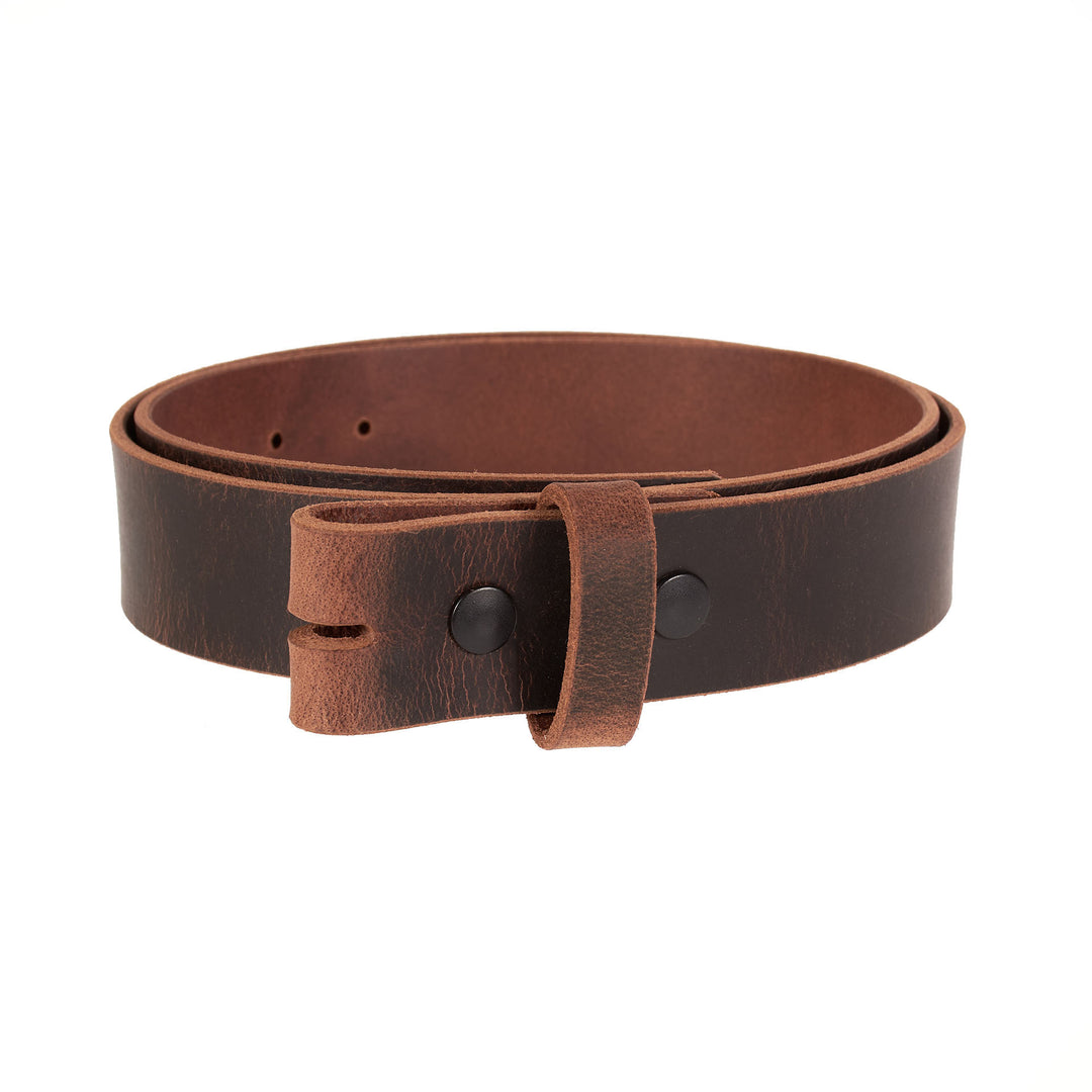 Brown leather belt with a buckle on a white background