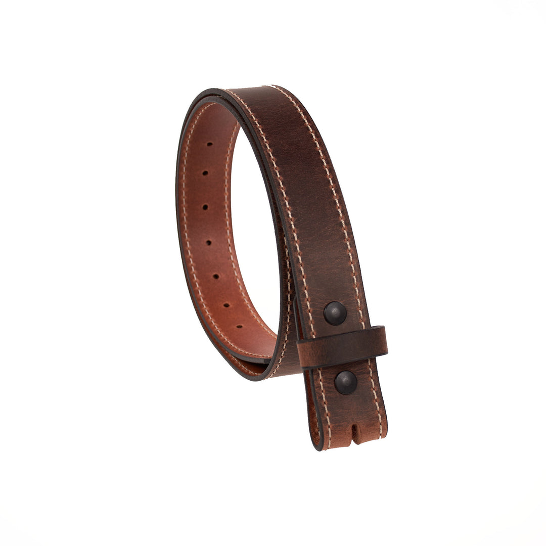 Brown leather belt with stitching details on a white background