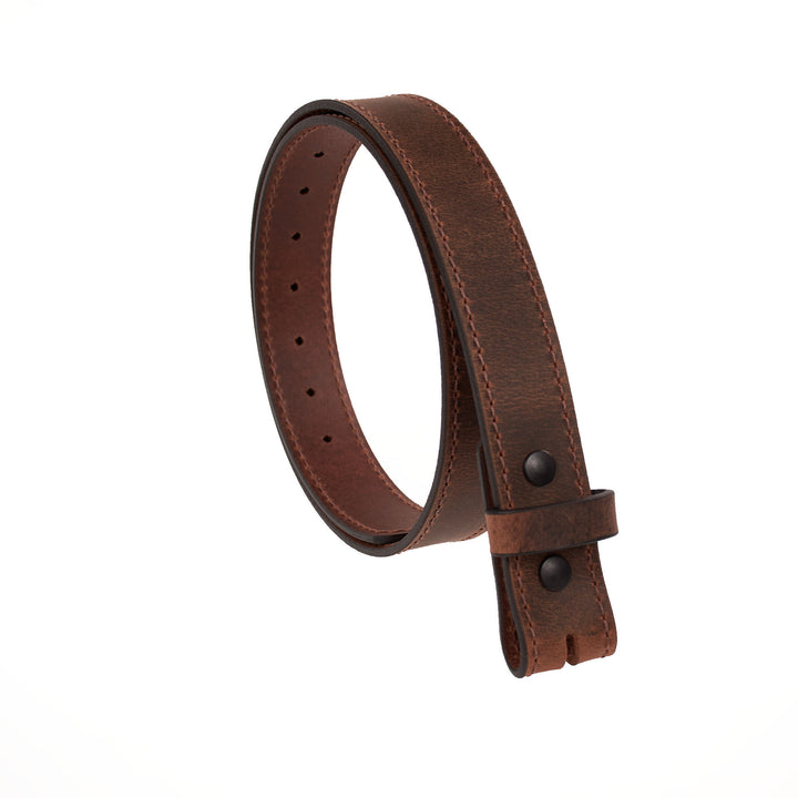 Brown leather belt with no buckle on a white background