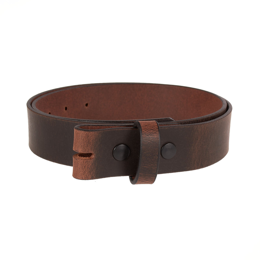 Brown leather belt with no buckle on a white background