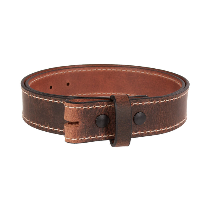 Brown leather belt with no buckle on a white background