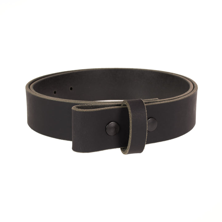 Black leather belt with a buckle on a white background