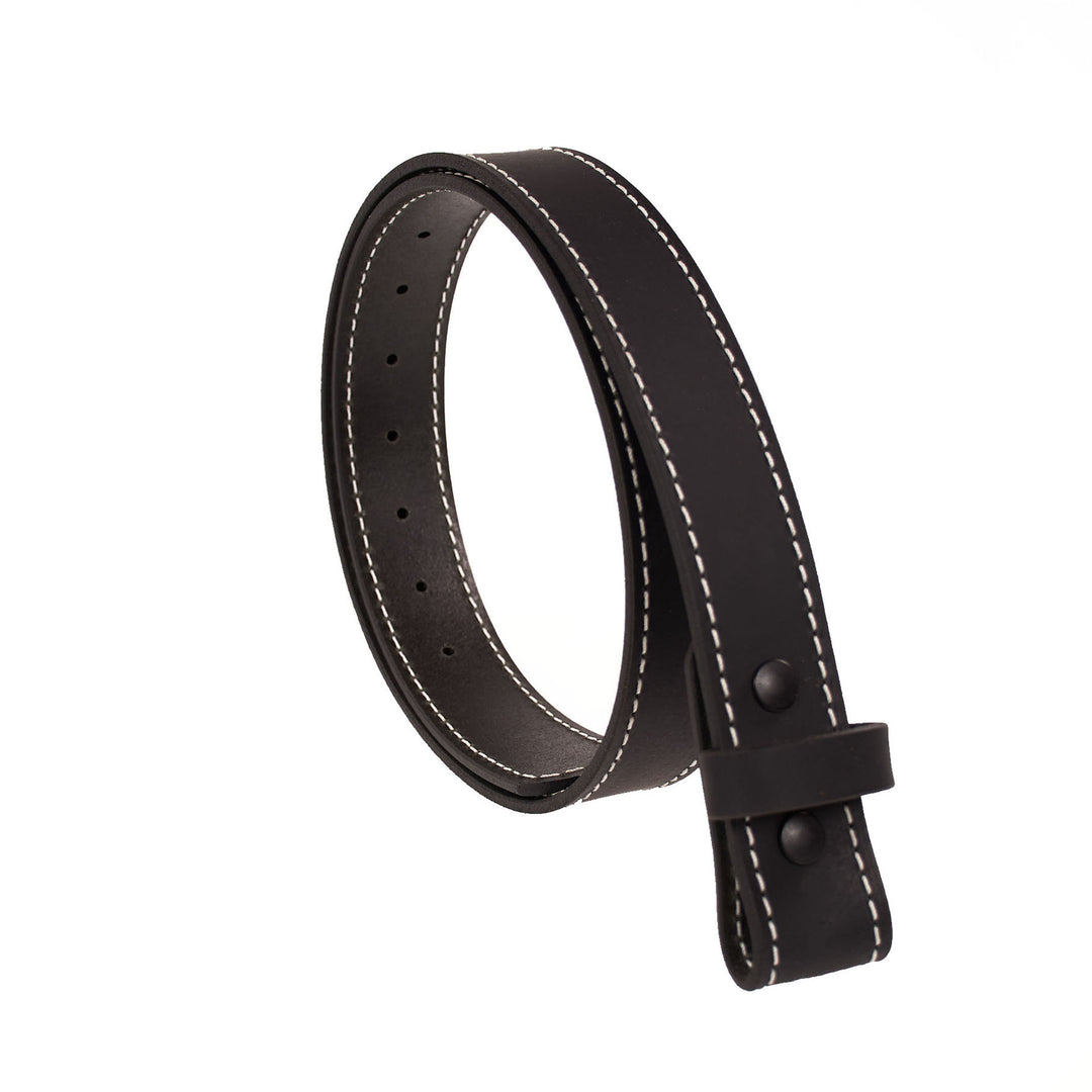 Black leather belt with white stitching on a white background