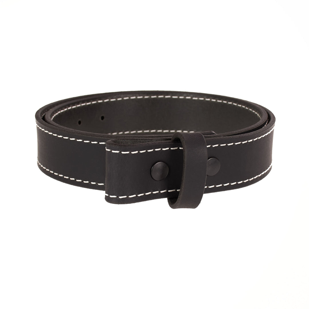 Black leather belt with white stitching on a white background
