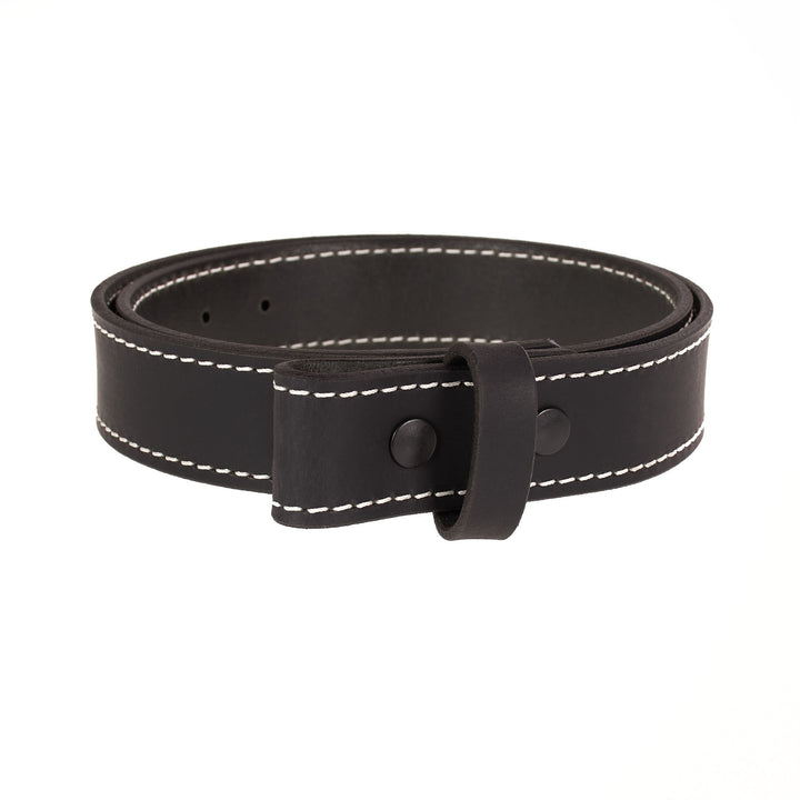 Black leather belt with white stitching on a white background