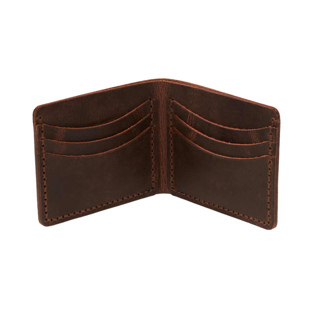 Brown leather wallet with stitching detail on a white background