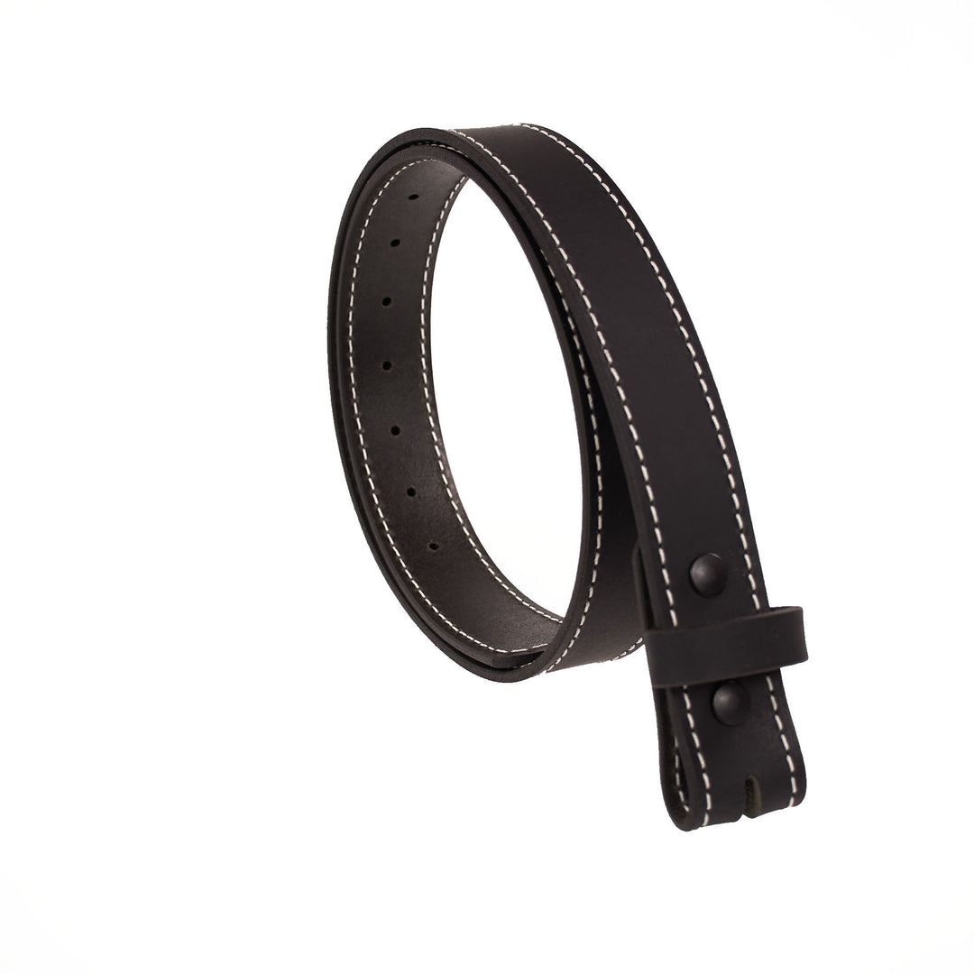 Black leather belt with white stitching on a white background