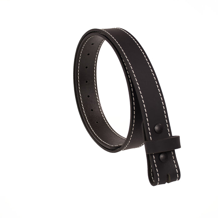 Black leather belt with white stitching on a white background