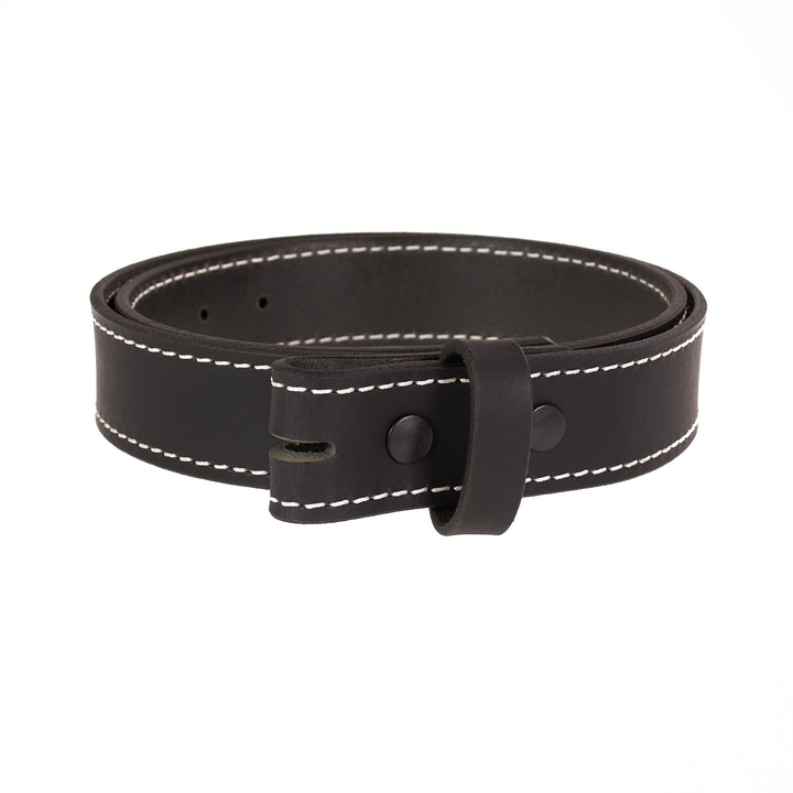 Black leather belt with white stitching on a white background