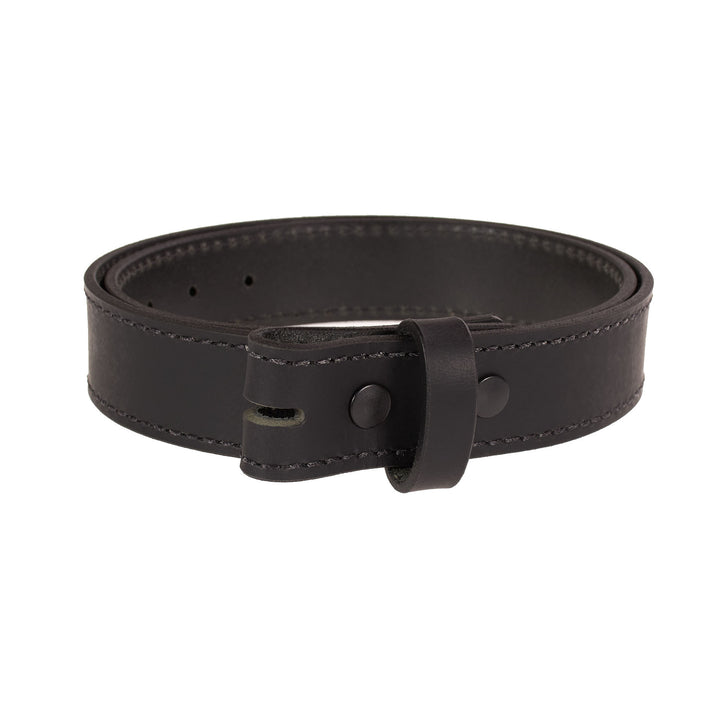 Black leather belt with no buckle on a white background
