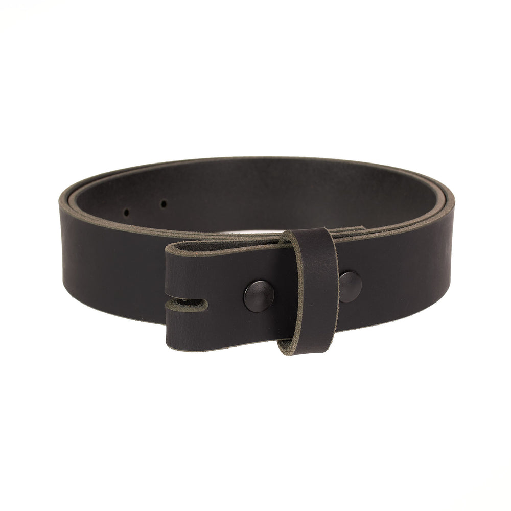Black leather belt with a buckle on a white background