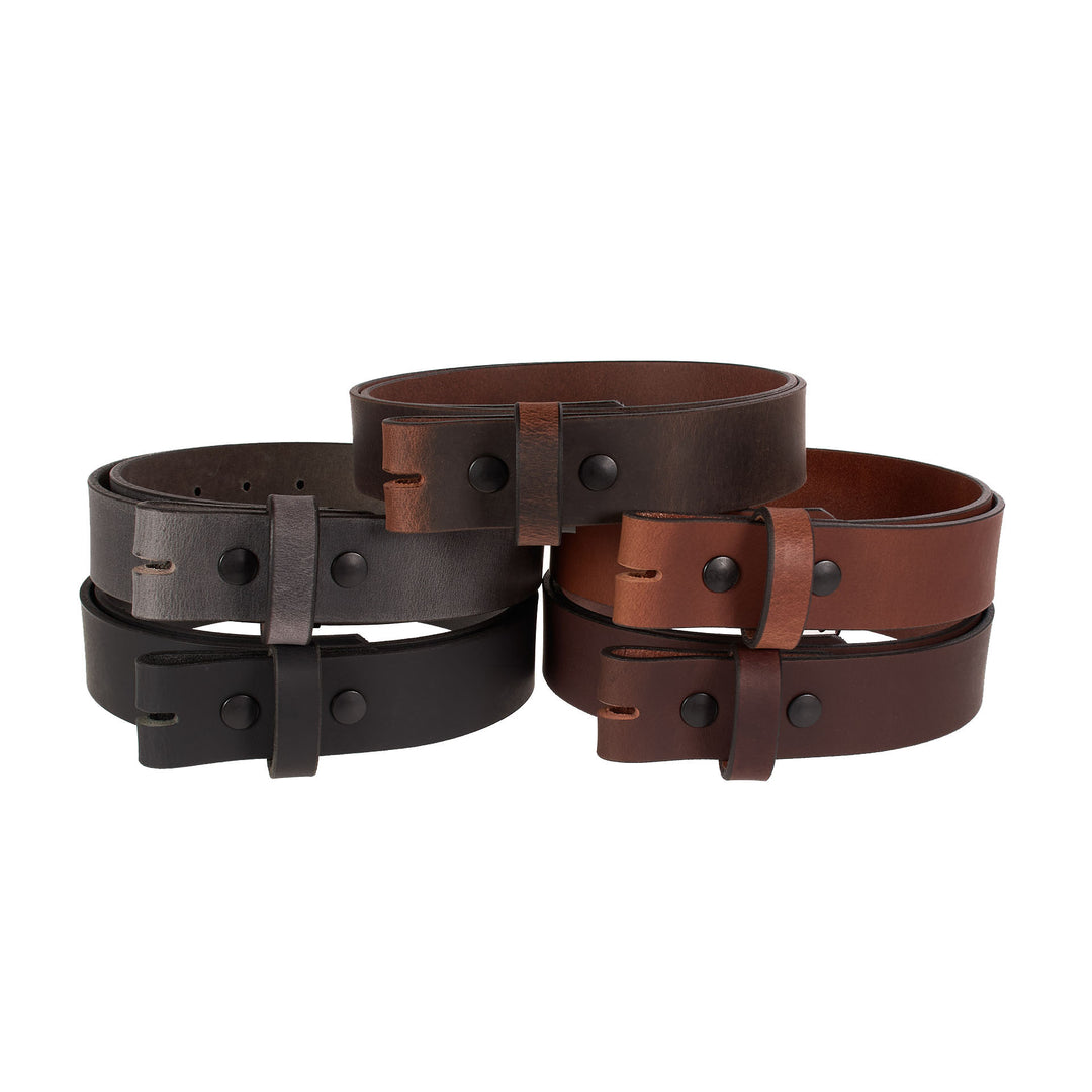 Five leather belts in black, brown, and a lighter brown gray on a white background