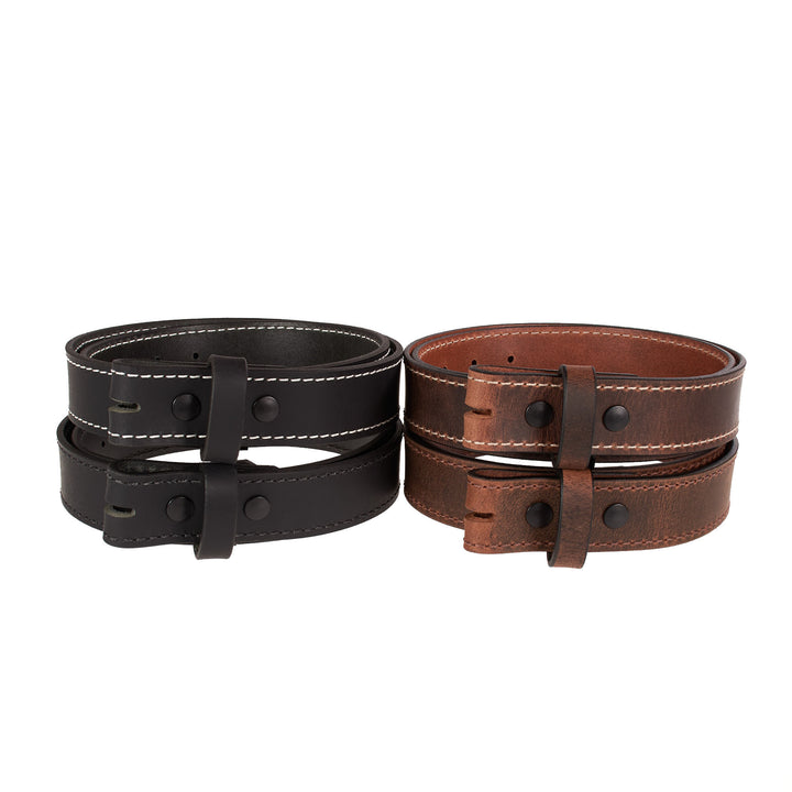 Two leather collars, one black and one brown, on a white background.