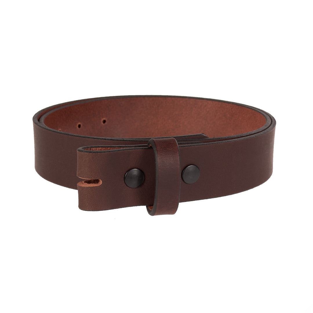 Brown leather belt with no buckle on a white background