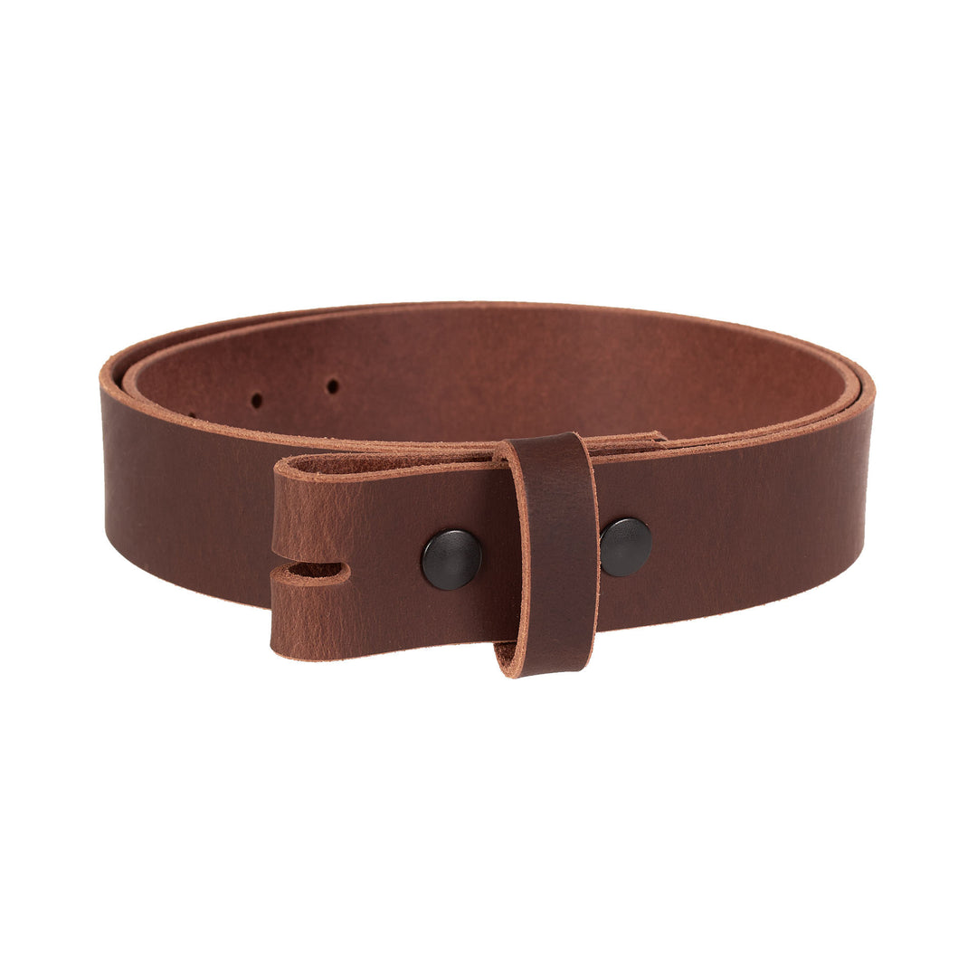Brown leather belt with a buckle on a white background