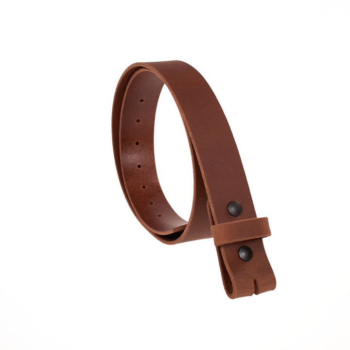 Brown leather belt with black buckles on a white background