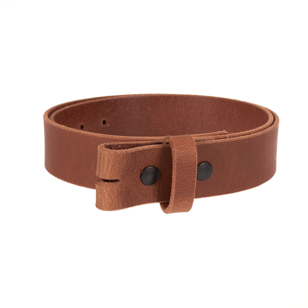 Brown leather belt with black buckle on a white background