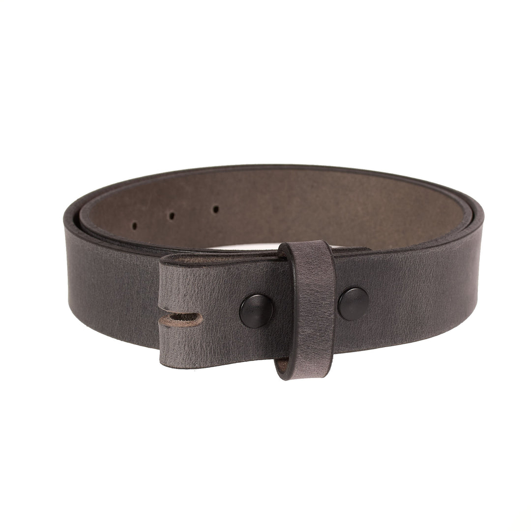 Gray leather belt with no buckle on a white background