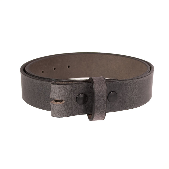 Gray leather belt with no buckle on a white background