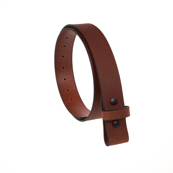 Brown leather belt with no buckle on a white background