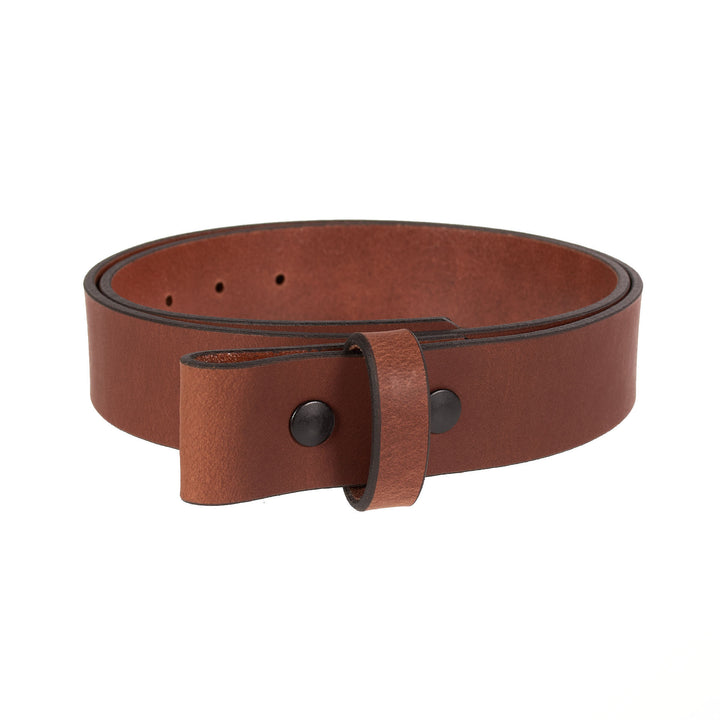 Brown leather belt with no buckle on a white background