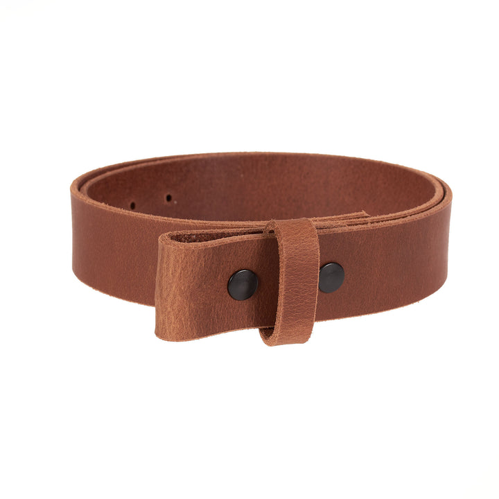 Brown leather belt with black buckle on a white background