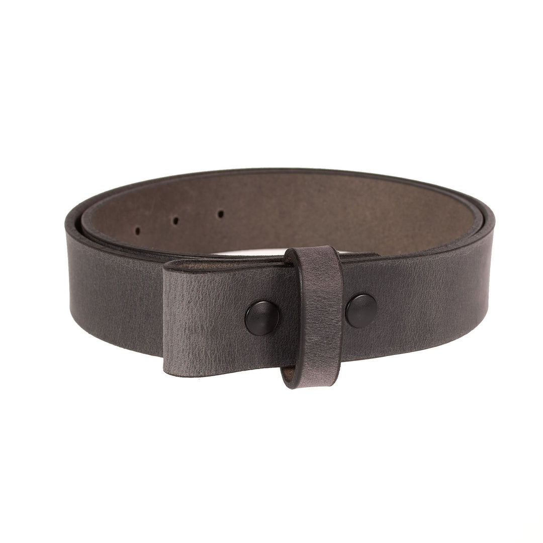 Gray leather belt with no buckle on a white background