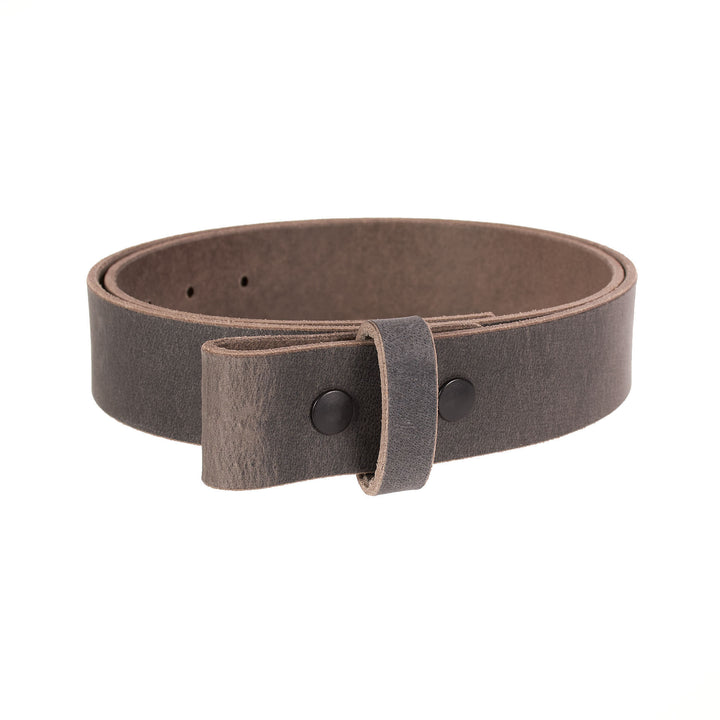 Gray leather belt with no buckle on a white background