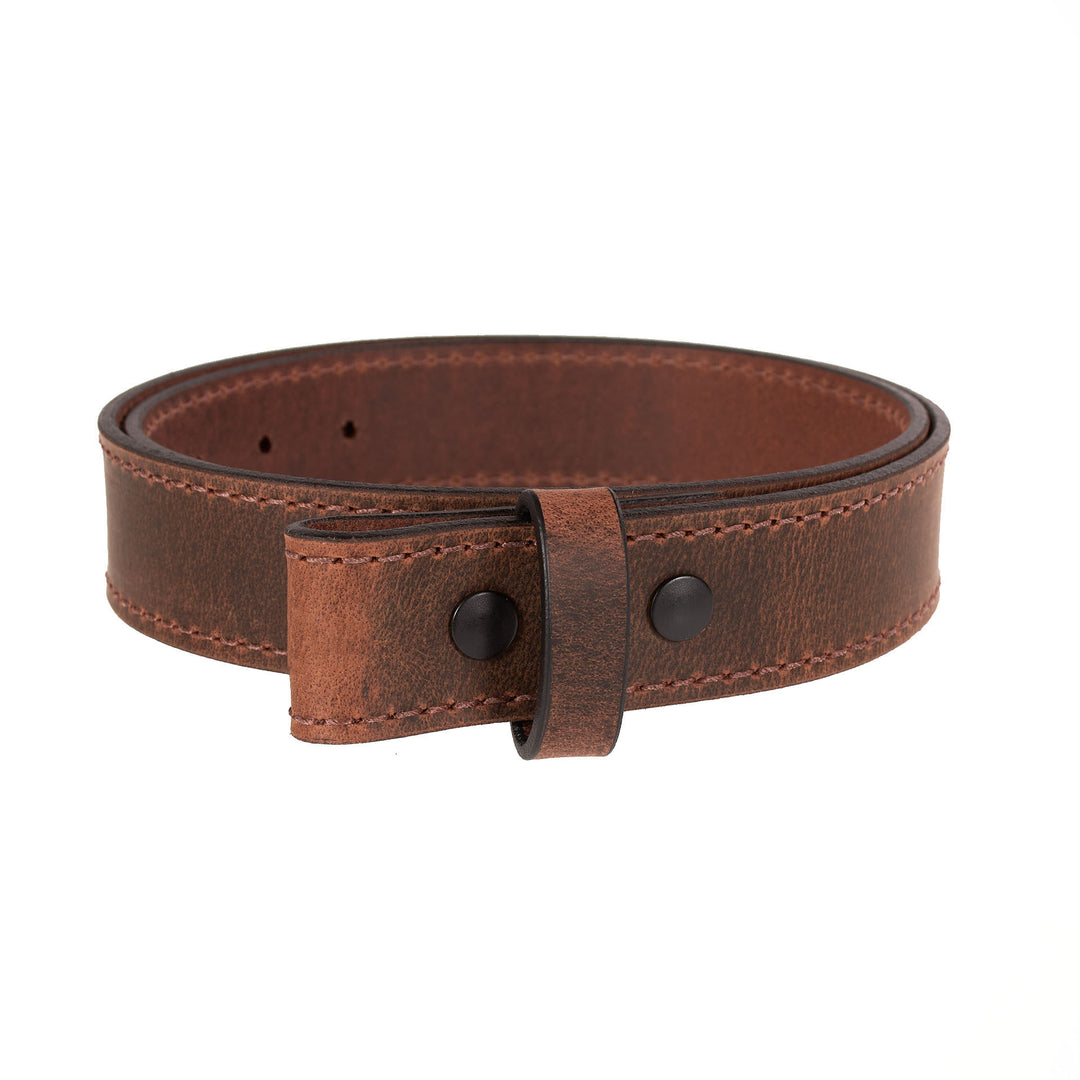 Brown leather belt with no buckle on a white background