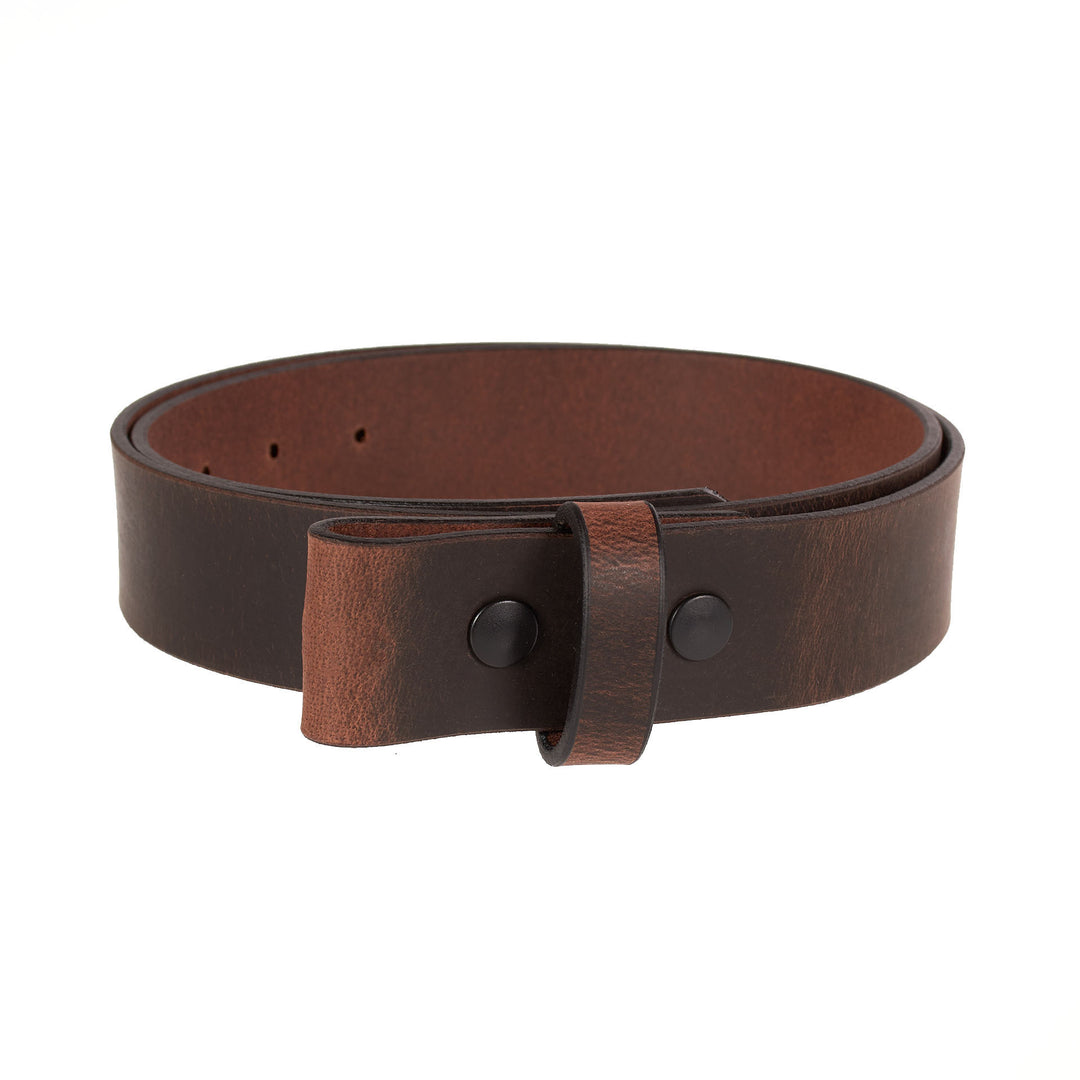 Brown leather belt with no buckle on a white background