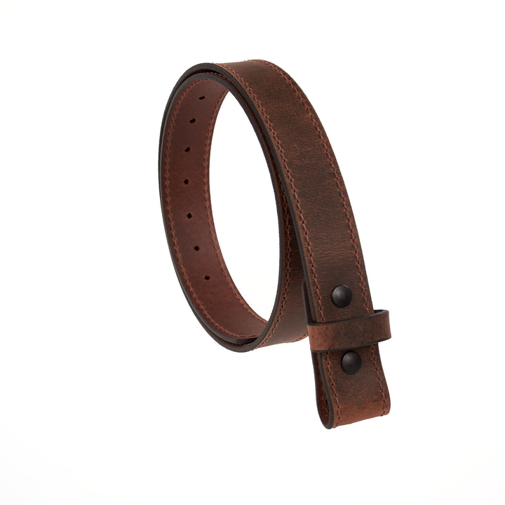 Brown leather belt with no buckle on a white background