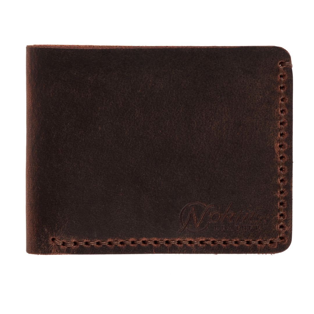 Brown leather wallet with stitching detail and Nohma Leather Logo on a white background