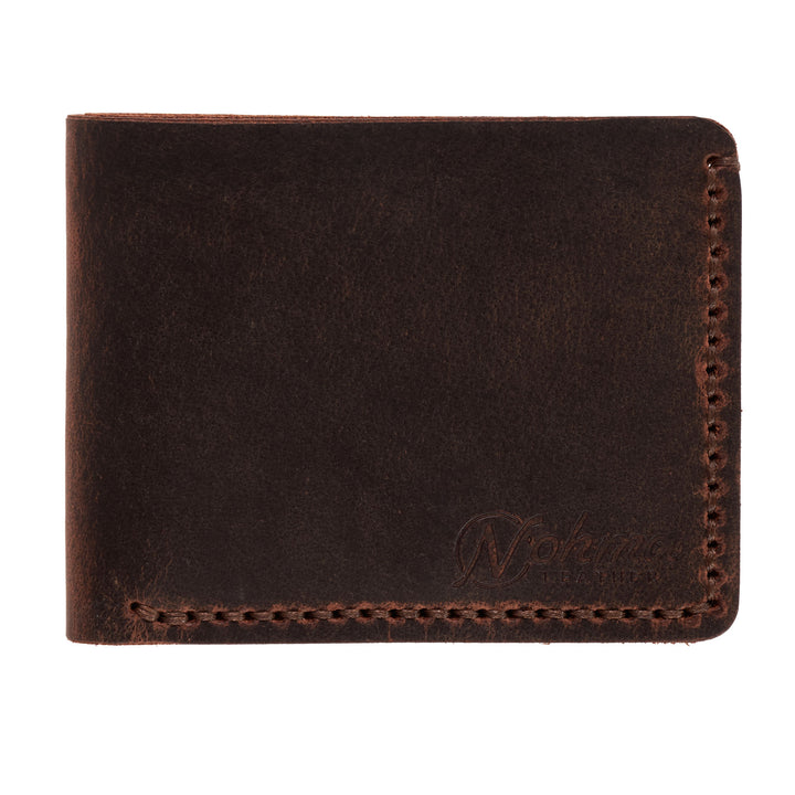 Brown leather wallet with stitching detail and Nohma Leather Logo on a white background