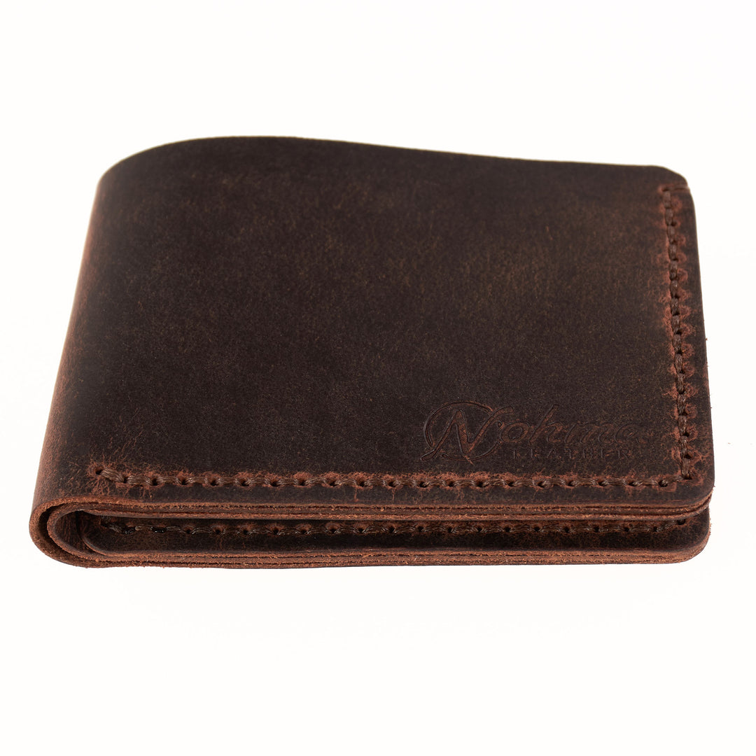 Brown leather wallet with Nohma Leather brand logo on a white background