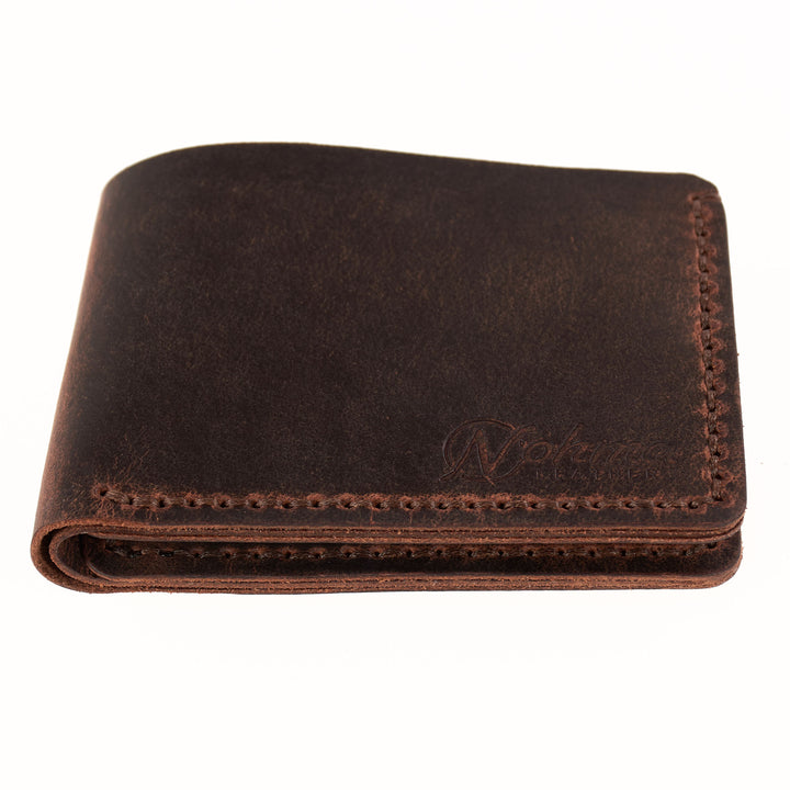 Brown leather wallet with Nohma Leather brand logo on a white background