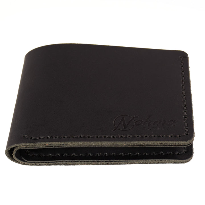 Black leather wallet with brand logo on a white background