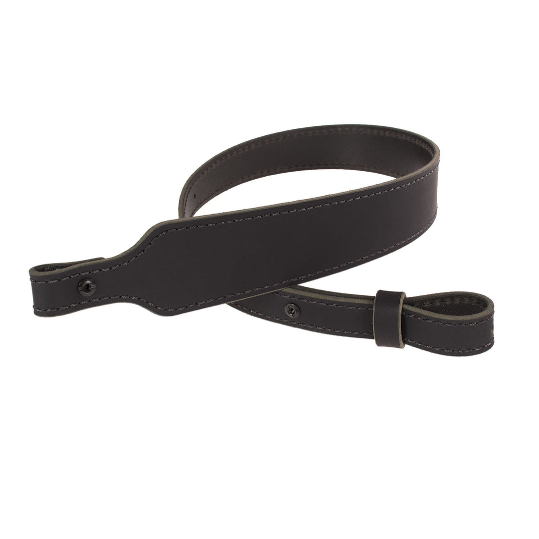 Black leather rifle sling on a white background