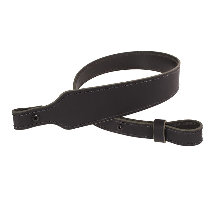 Black leather rifle sling on a white background