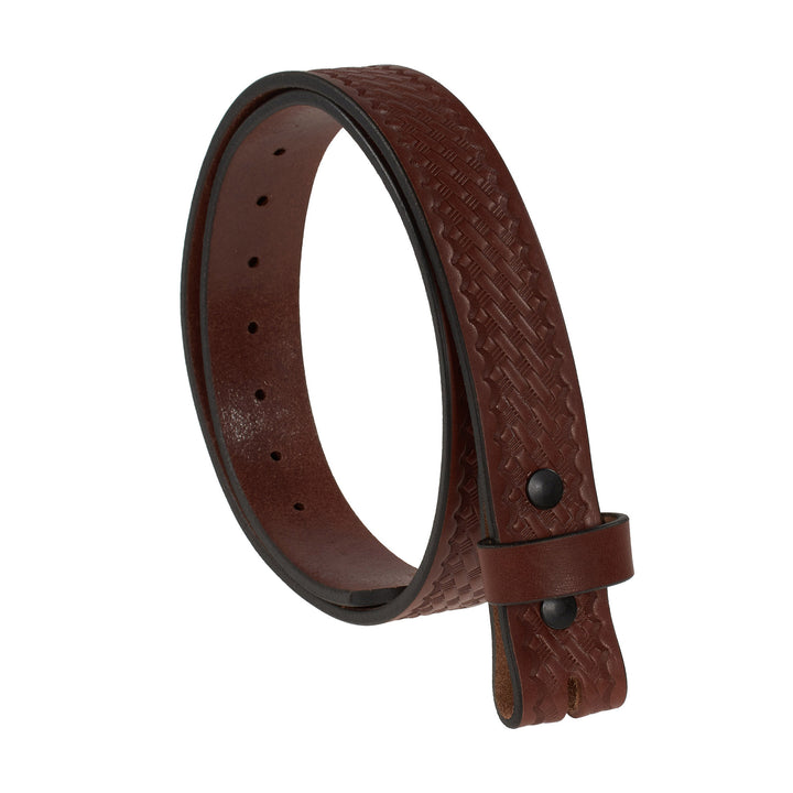 Brown leather belt with a textured strap on a white background