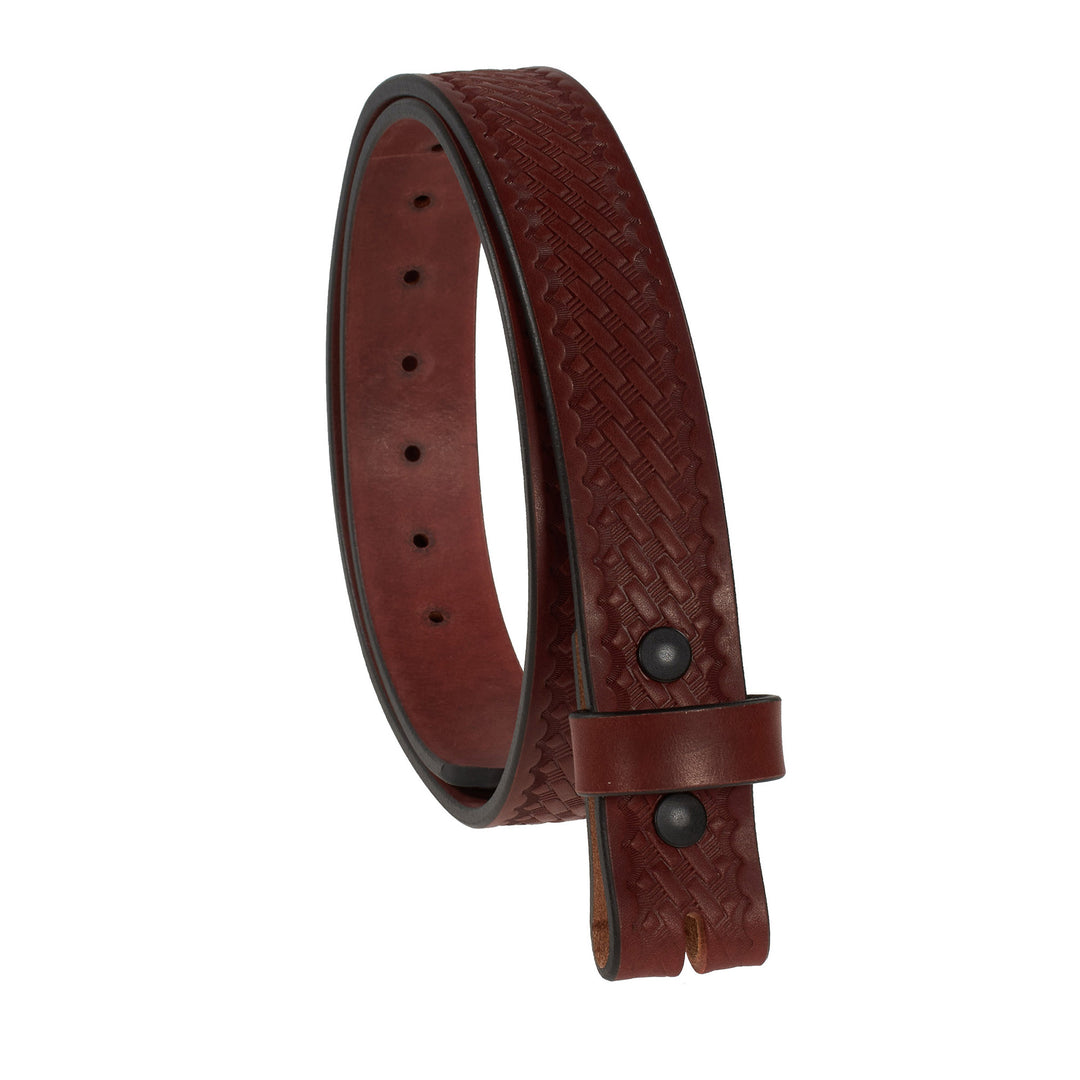 Brown leather belt with textured pattern on a white background