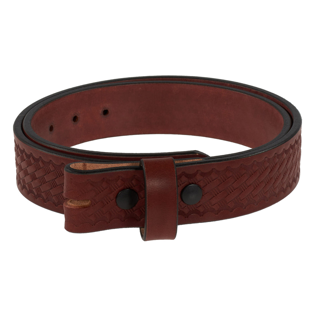 Brown leather belt with woven pattern on a white background