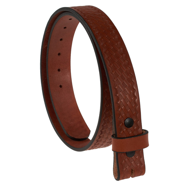 Brown leather belt with textured pattern on a white background