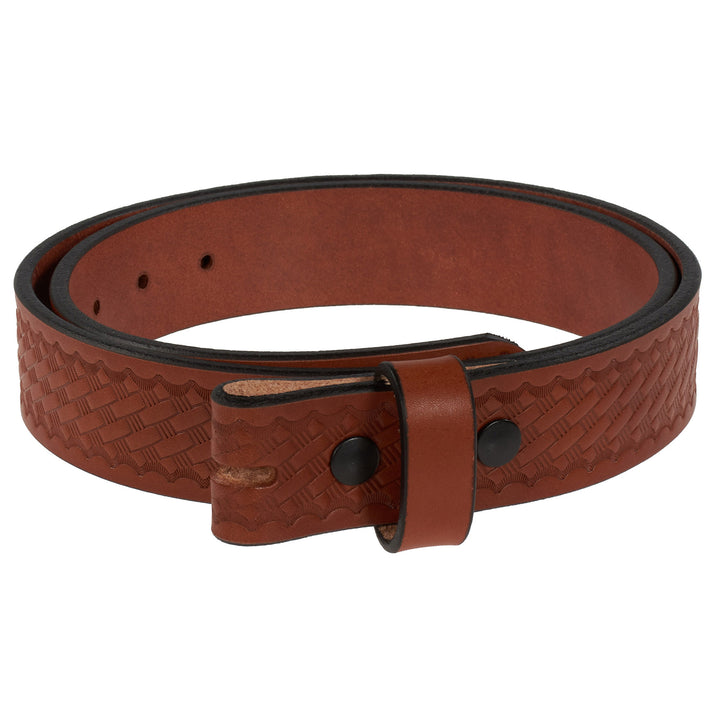 Brown leather belt with a textured pattern on a white background