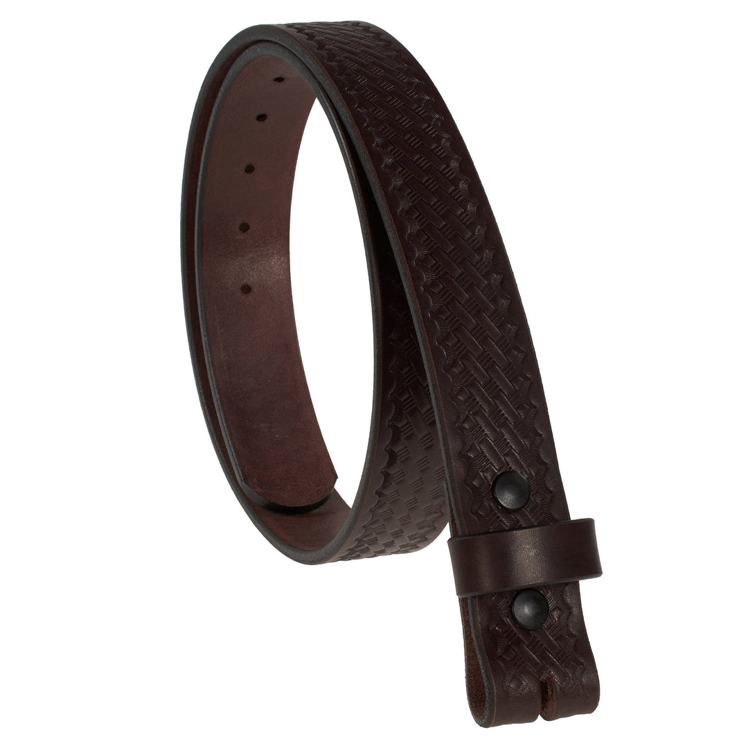 Brown leather belt with embossed design on a white background