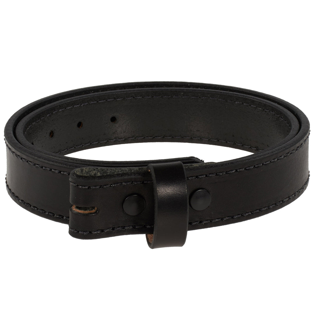 Black leather belt with a buckle on a white background