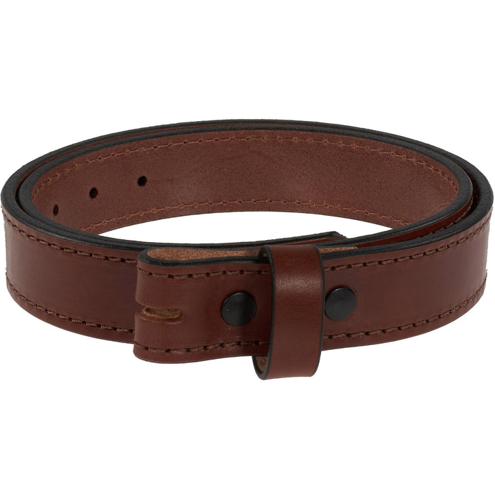 Brown leather belt with a black buckle on a white background